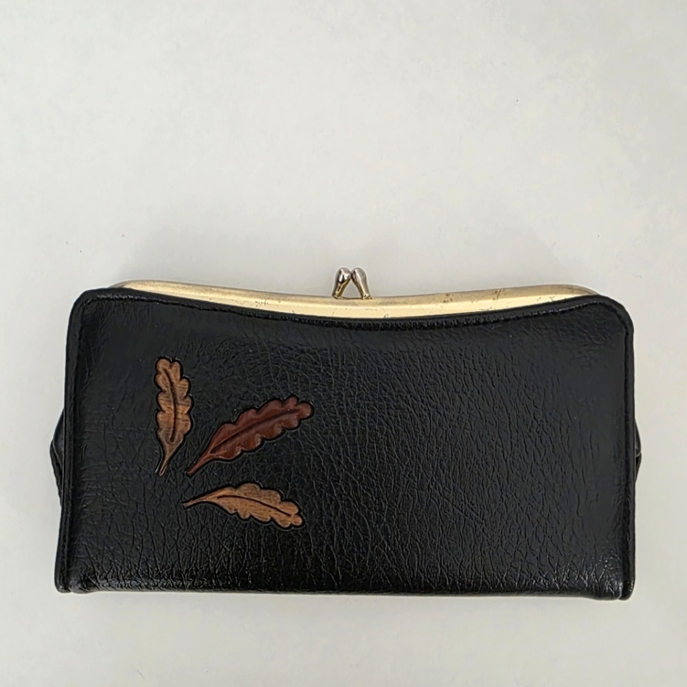 Black Leather Clutch with Leaf Design